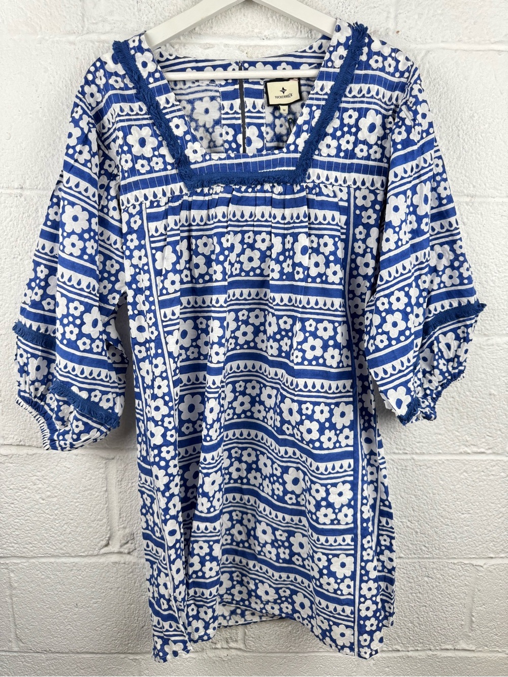 Tuckernuck Daisy Fringe Dress Blue White Floral Cotton Mini Dress Size M